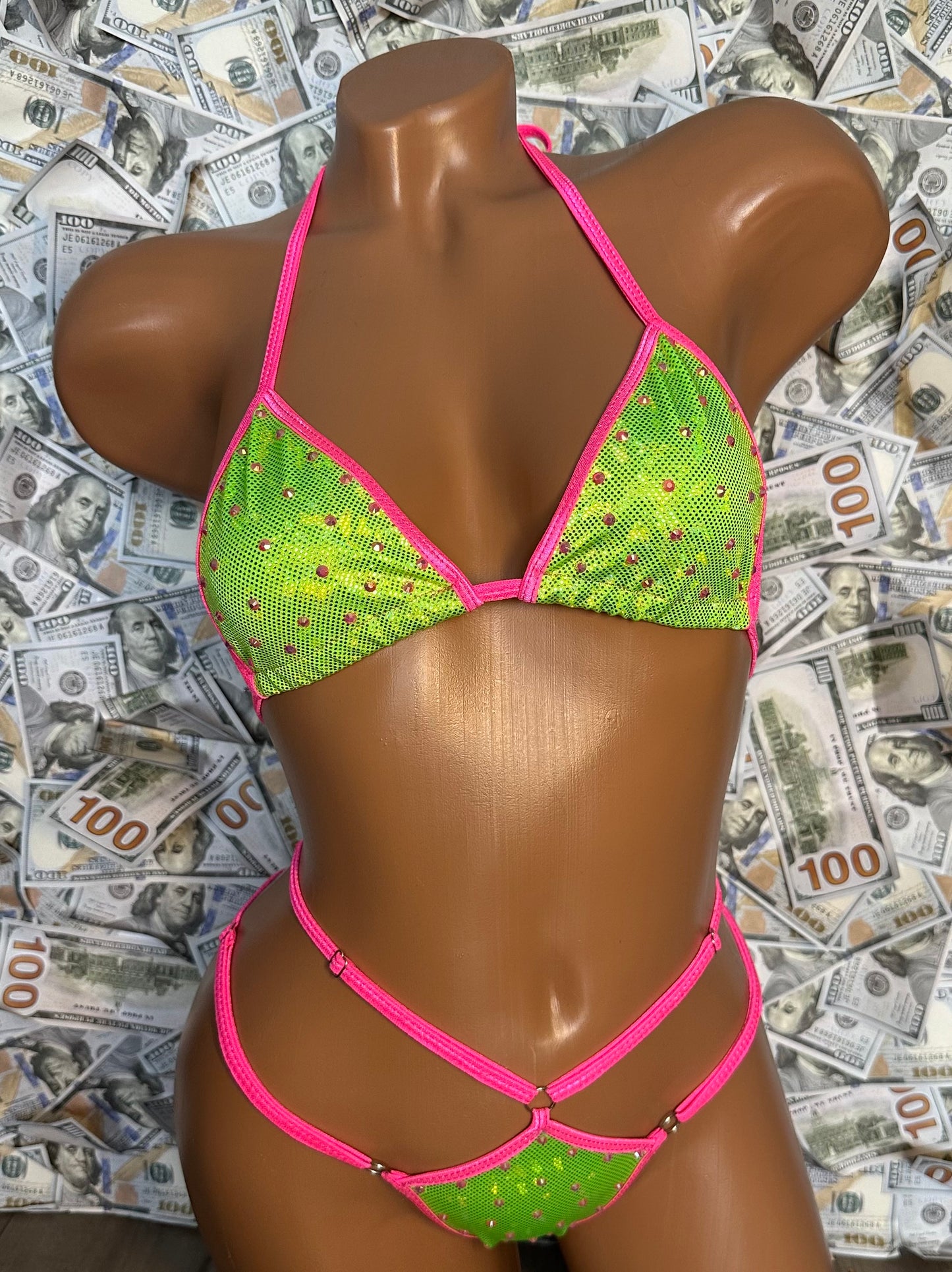 Bling Strappy Bikini - neon green/neon pink