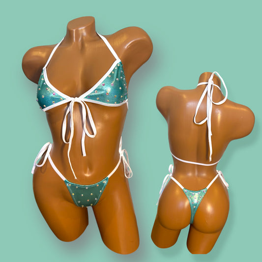 Bling Side-tie Bikini - Turquoise/White