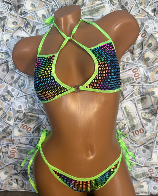 Cheeky Side-tie Bikini - Rainbow/Neon Green