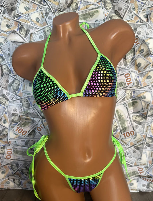 Mini Side-tie Bikini - Rainbow/Neon Green