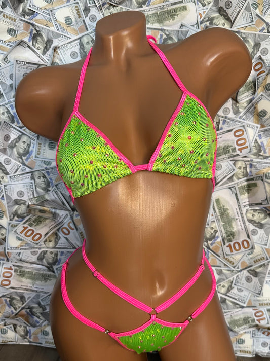 Bling Strappy Bikini - neon green/neon pink